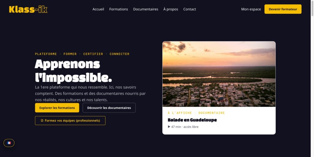 Page d'accueil de Klass-ik, plateforme de formation et de documentaires en six langues