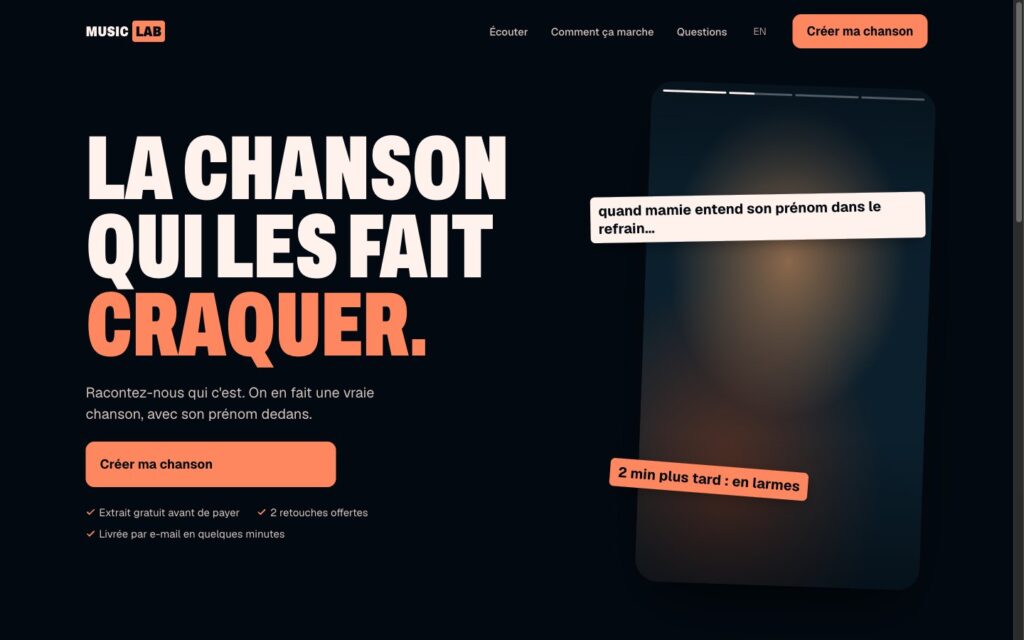 Page d’accueil du site Music Lab, chansons personnalisées par IA