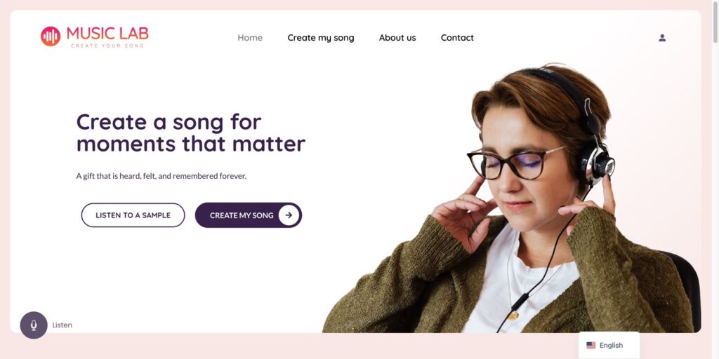 Homepage of Music Lab, a store for AI-generated personalised songs